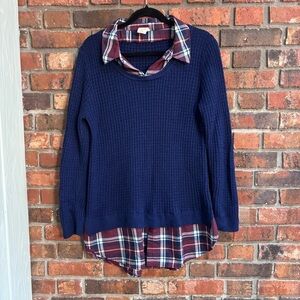 Faded Glory womens waffle knit layered plaid flannel shirt blue /red L